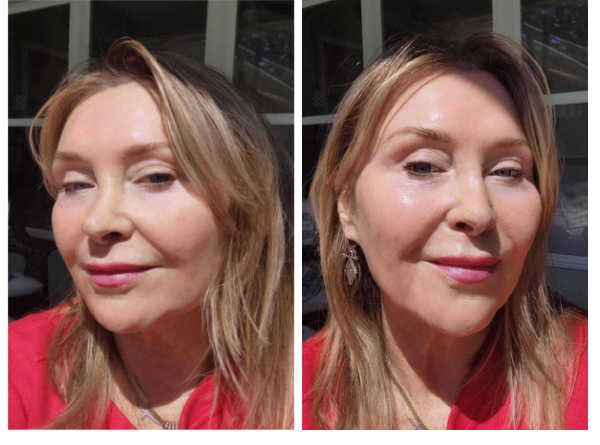 powder sunscreen on left vs tinted cream sunscreen on right showing matte vs shiny greasy finish on mature skin