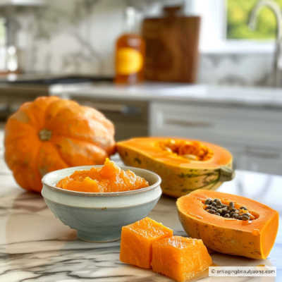 Pumpkin enzyme mask recipe for bright, glowing skin Fresh pumpkin and papaya with bowl of pumpkin puree on kitchen counter for enzyme face mask