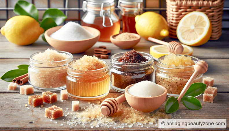 DIY Sugar Scrubs with Honey, Lemon, and Brown Sugar – Natural Face Exfoliators A colorful flat lay of natural sugar scrubs in glass jars, surrounded by raw sugar cubes, honey dippers, lemons, and green leaves—perfect for DIY exfoliating skincare recipes.