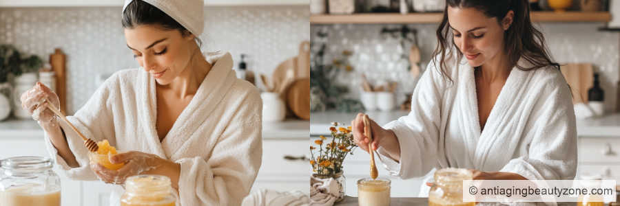 Woman Creating a DIY Exfoliating Sugar Scrub for Radiant Skin. Woman mixing sugar and honey to create a DIY face scrub for glowing skin.