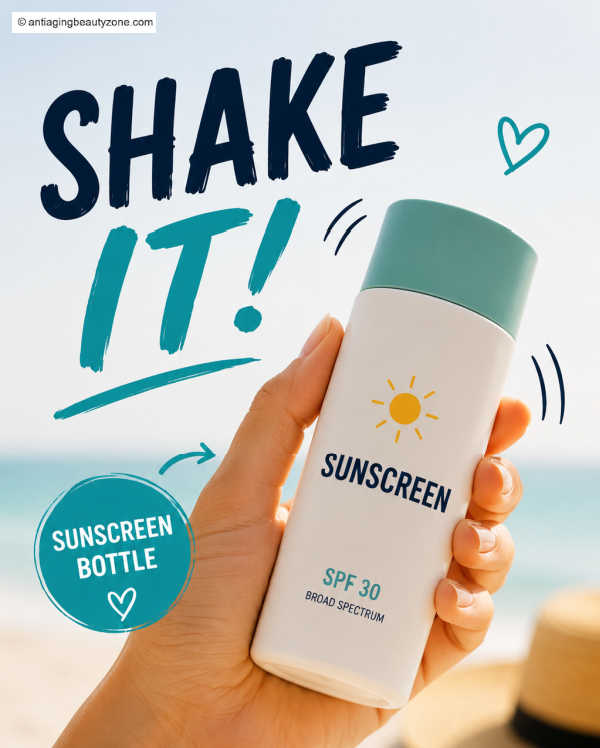 Hand holding a sunscreen bottle with a reminder to shake liquid sunscreen before applying for more even protection.