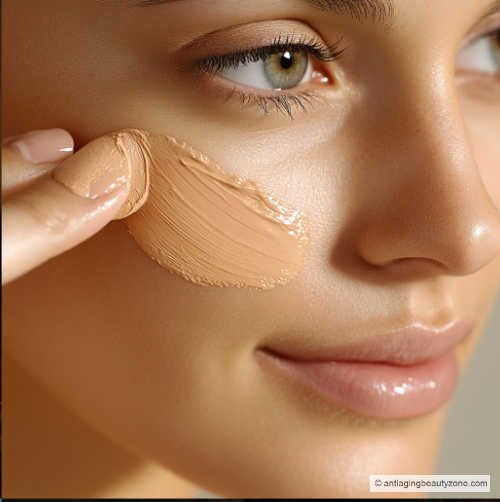A woman applying tinted moisturizer to her cheek, showcasing a fresh and natural makeup look.