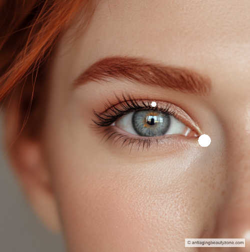 Concealer hack to brighten and widen tired-looking eyes. Bright concealer is applied to the inner corner and above the iris for refreshed eyes.