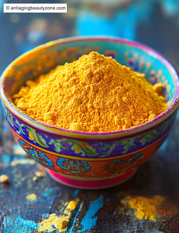 Turmeric powder in a bowl – a natural skincare ingredient for brightening, hydration, and reducing dark spots.
