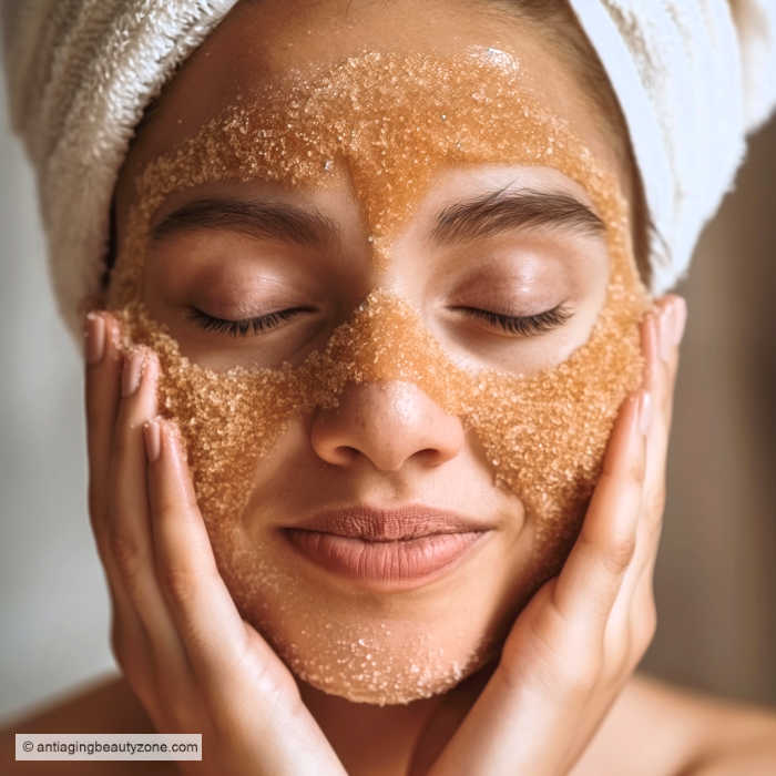 Turmeric for dark spots. Homemade skin care scrubs and masks that contain curcumin help even out skin tone. Woman massaging a with turmeric scrub on her face.
