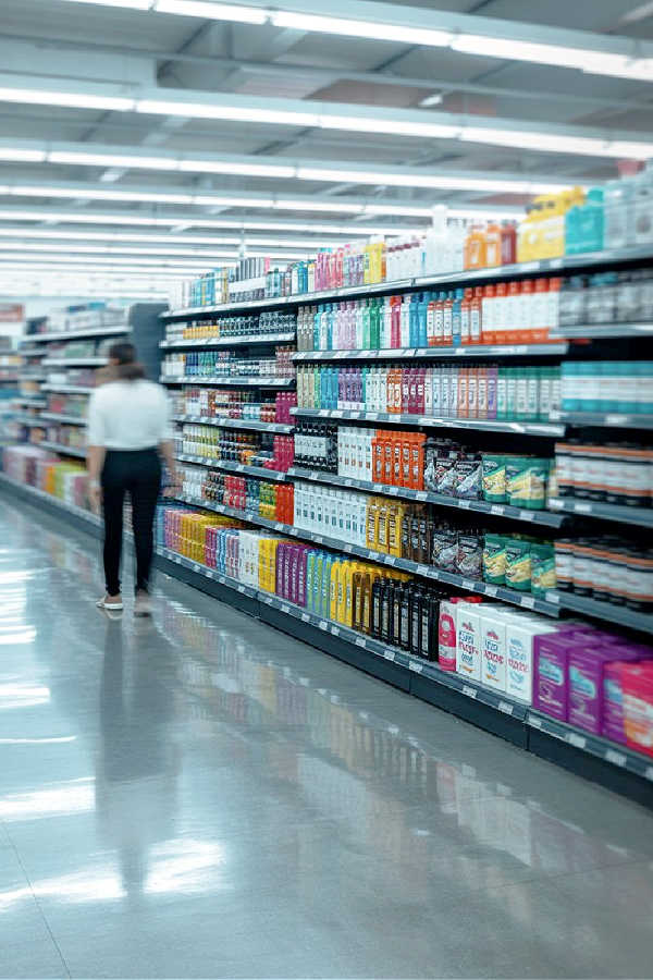 Woman walking through the skincare aisle at a store, looking at shelves of retinol creams and serums.