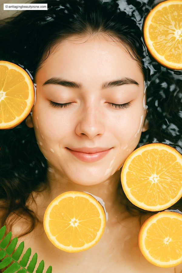 Woman relaxing with fresh orange slices, natural vitamin C facial beauty tip