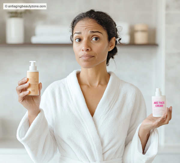 Woman deciding which skincare product to apply first—moisturizer or sunscreen