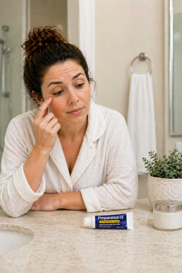 woman applying eye cream under eye bags in bathroom mirror