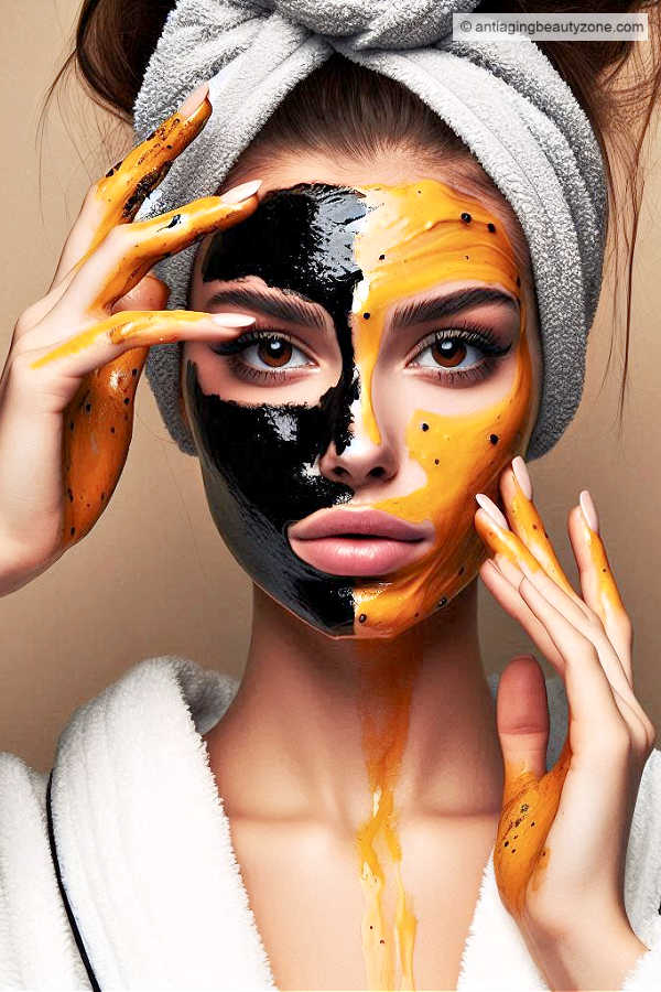 Enzyme face mask recipe – natural DIY skincare for glowing skin Close-up of woman applying black and yellow enzyme face mask with towel wrapped on head
