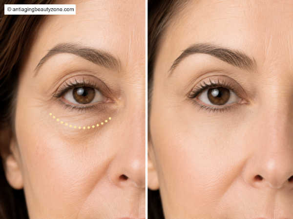 Illustrative split image showing a hollow tear trough before and a smoother under-eye area after filler