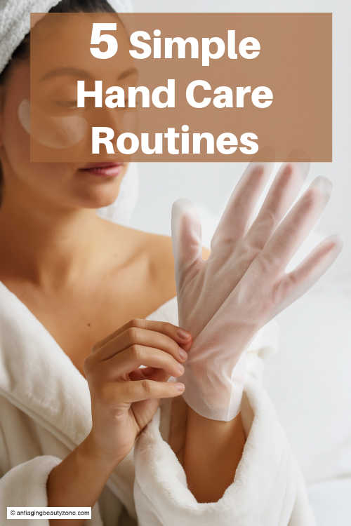 Woman wearing moisturizing hand gloves as part of an anti-aging hand care routine for dry, wrinkled hands