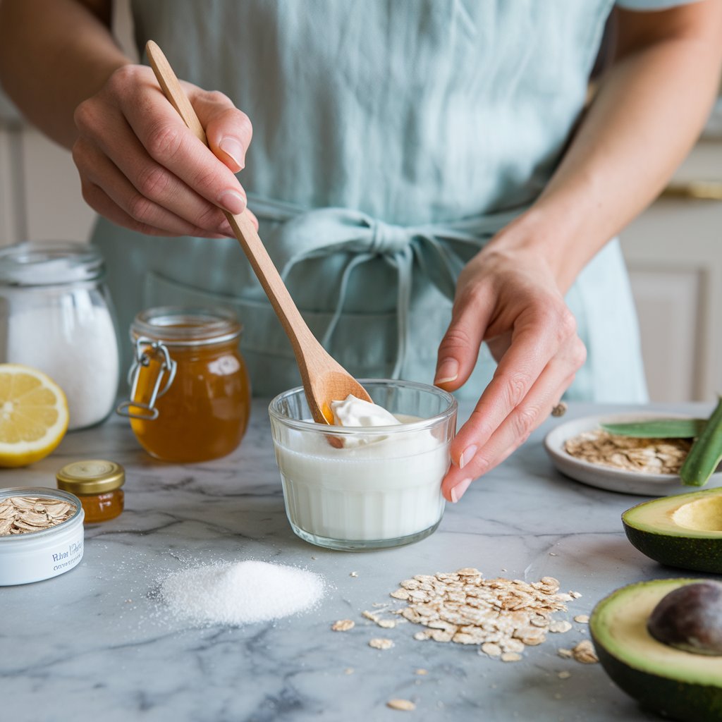 Woman making homemade skincare in her kitchen using natural ingredients.