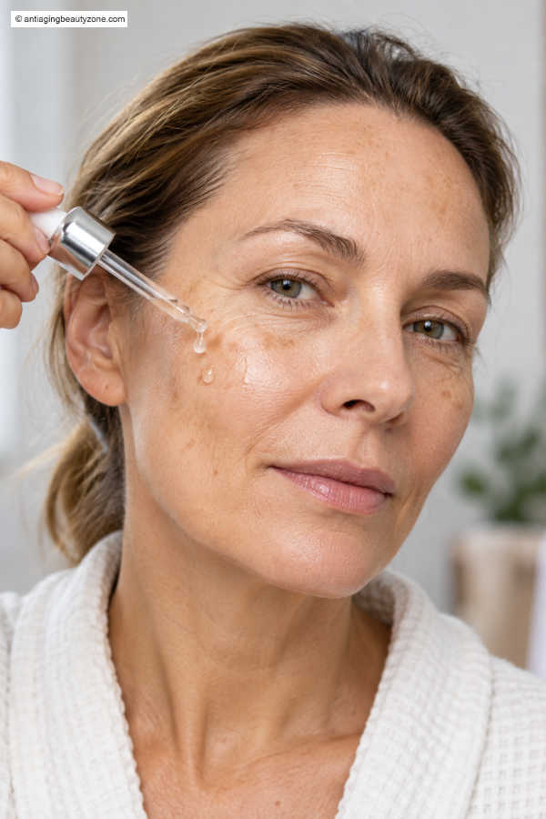 Woman over 40 applying facial serum to her cheek with a dropper