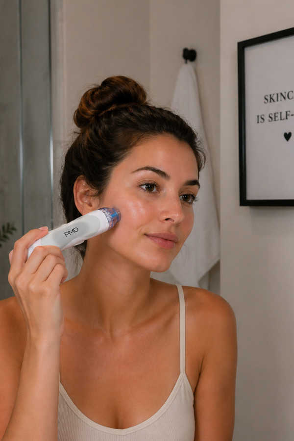 At-Home Microdermabrasion Device For Smoother Skin Woman using an at-home microdermabrasion device on her cheek