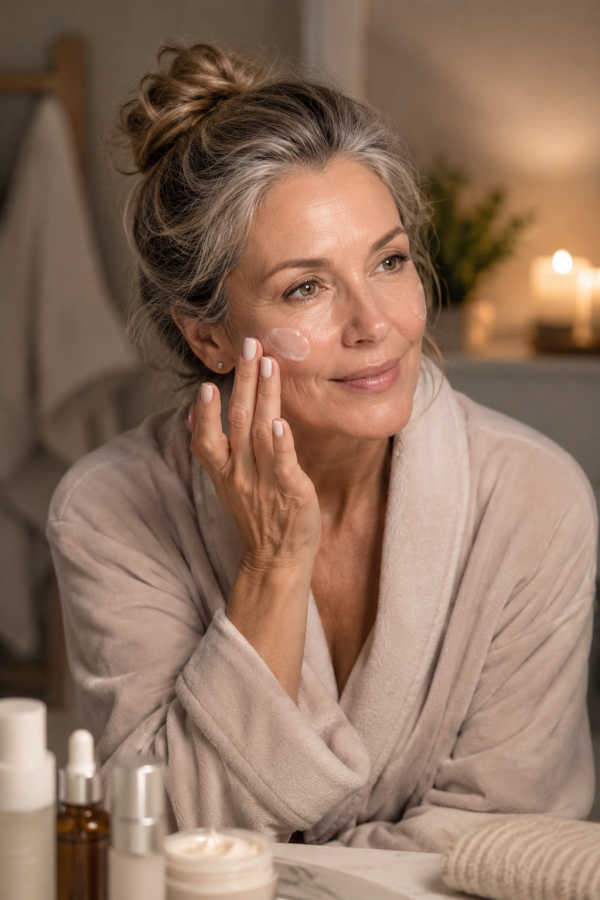 Mature woman applying face cream during a nighttime skincare routine for dry skin after retinol.