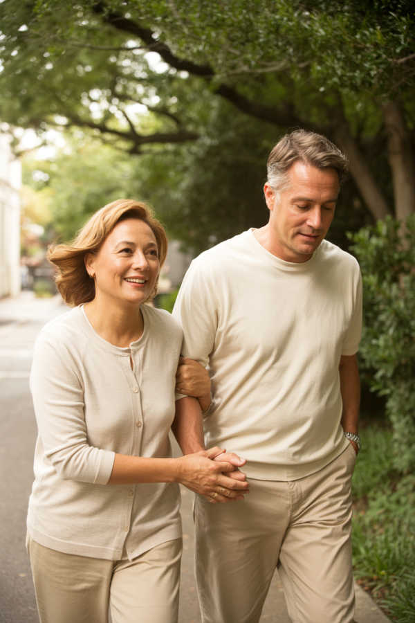 Mature couple walking together outdoors in soft natural light, representing everyday life and skin care support as we age