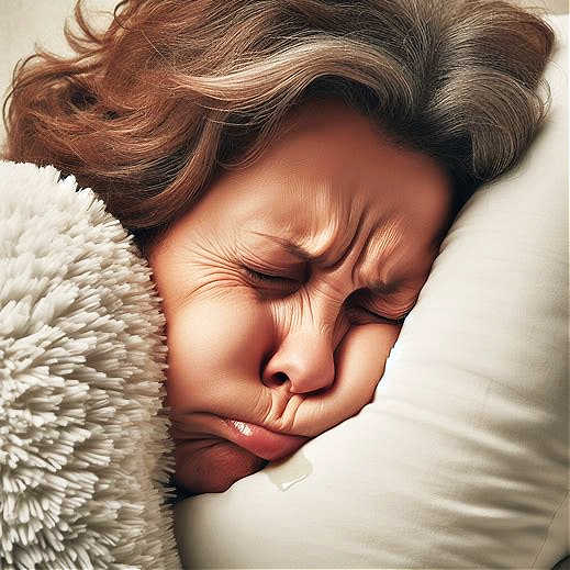 Woman sleeping on her side with face pressed into pillow, causing under-eye wrinkles and sleep lines