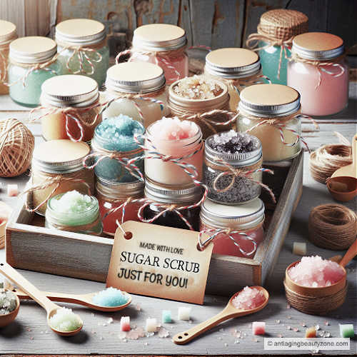 A gift set that contains homemade sugar scrubs. They are kept beautifully in glass mason jars and cute metal tins. The lids of the jars and tins are tied up with twine and accentuated with decorative ribbons, making it look festive. The sugar scrubs are intended for giving as unique and thoughtful gifts to health-conscious friends and family members. It's a personal touch in the whole DIY idea.