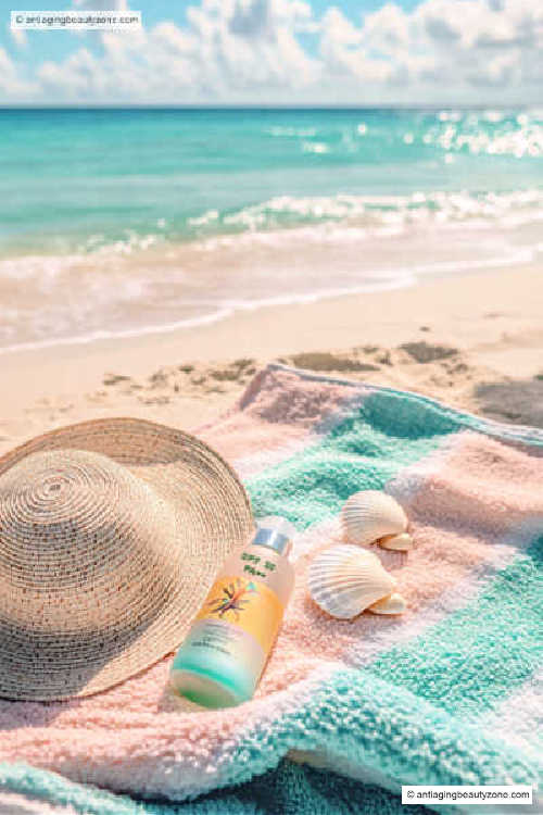 Beach towel and sunscreen near water